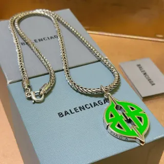 Balenciaga Logo Leaf Pendant Green Silver Braided Chain Enamel Necklace
