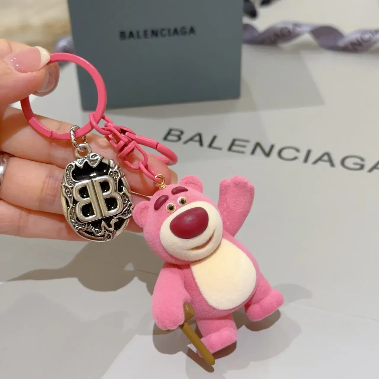 Balenciaga Pink Beige Plush Bear Figure Felt-Like Material Crossbody Bag 5