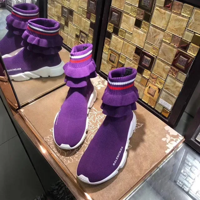 Balenciaga Chaussures Lifestyle Morado Blanc Tricot Chaussette Collet de Cheville à Volants 2