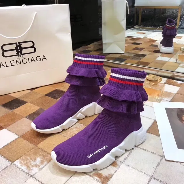 Balenciaga Chaussures Lifestyle Morado Blanc Tricot Chaussette Collet de Cheville à Volants 4