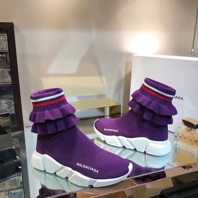Balenciaga Chaussures Lifestyle Morado Blanc Tricot Chaussette Collet de Cheville à Volants 5