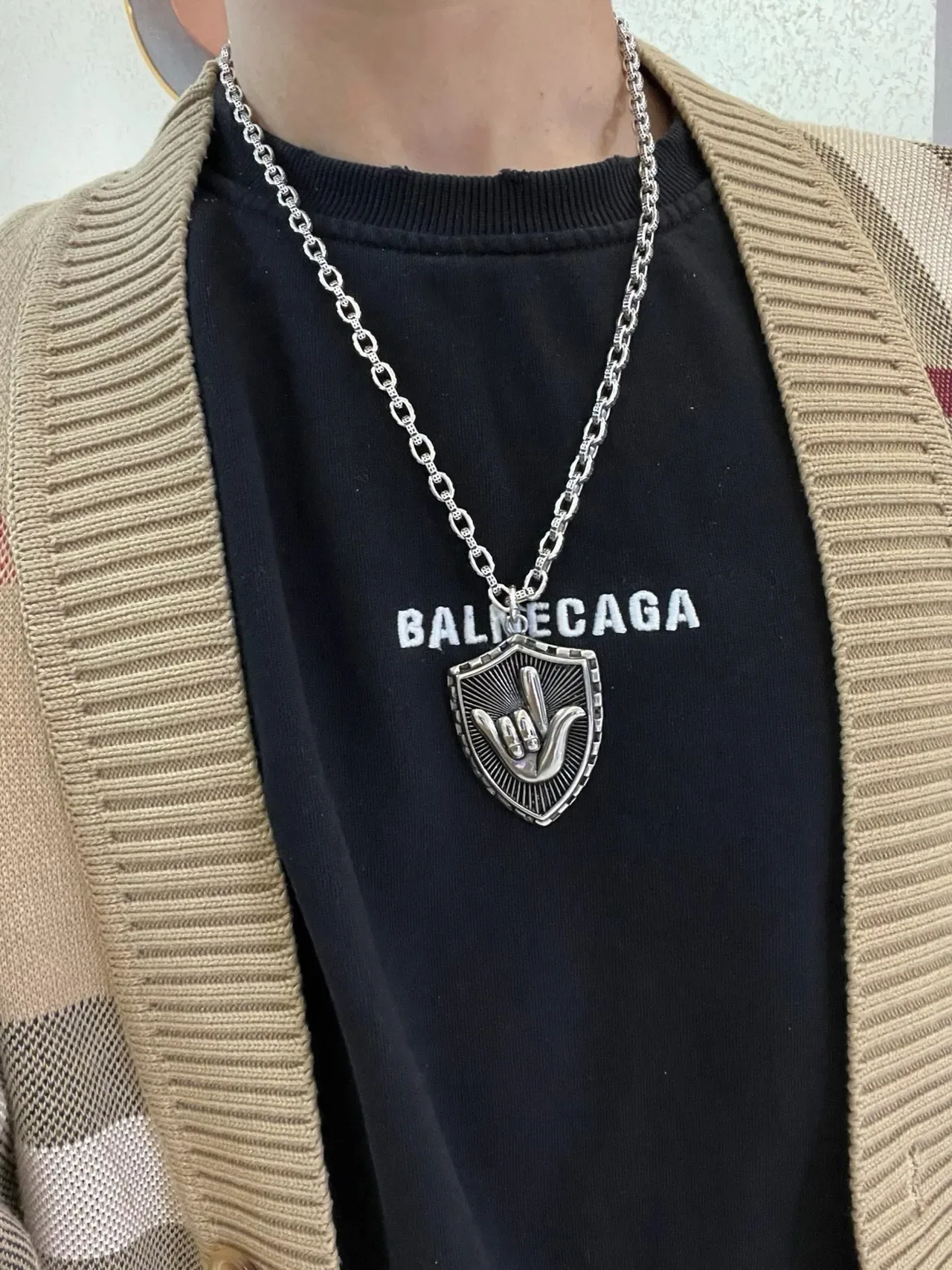 Balenciaga Silver Black Shield-Shaped Pendant Textured Link Chain Necklace 2