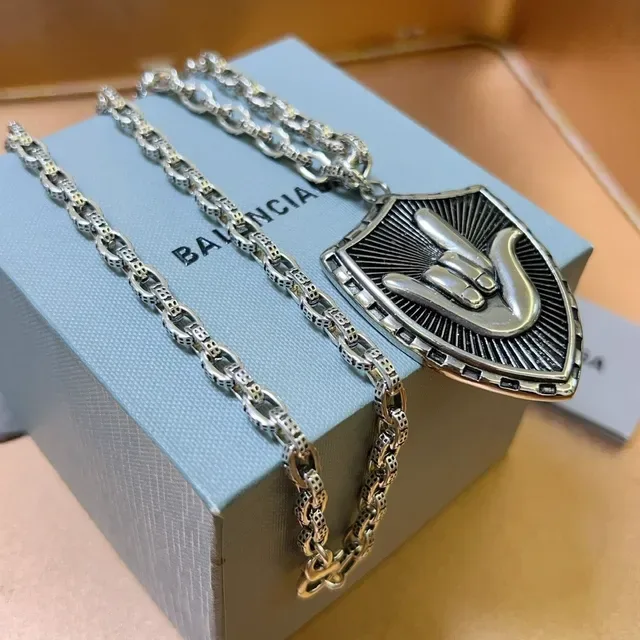 Balenciaga Silver Black Shield-Shaped Pendant Textured Link Chain Necklace 3