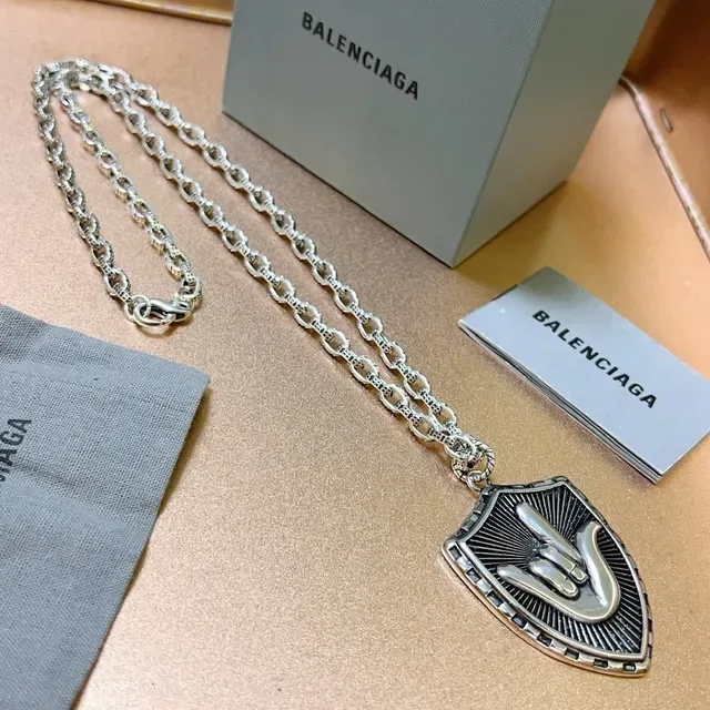 Balenciaga Silver Black Shield-Shaped Pendant Textured Link Chain Necklace 4
