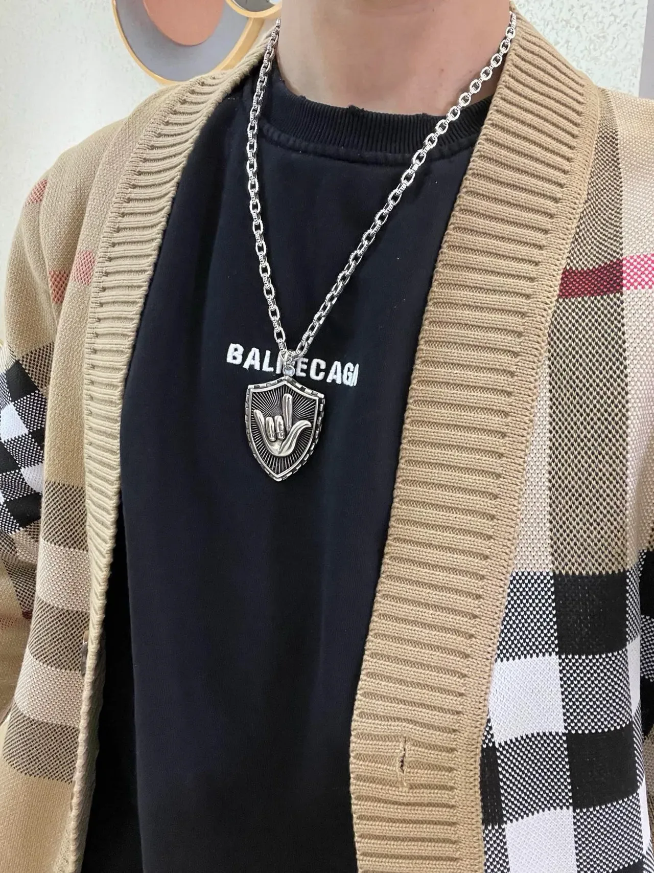 Balenciaga Silver Black Shield-Shaped Pendant Textured Link Chain Necklace 5