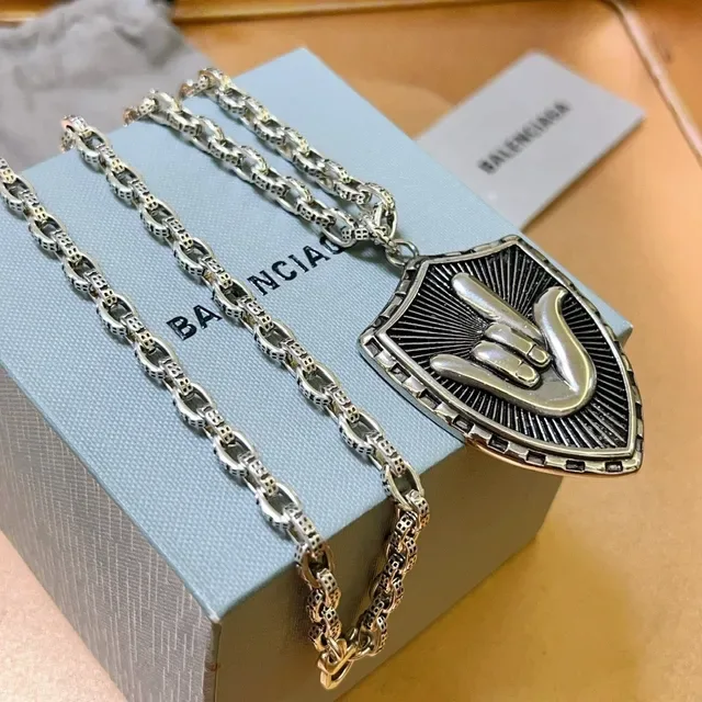 Balenciaga Silver Black Shield-Shaped Pendant Textured Link Chain Necklace 6