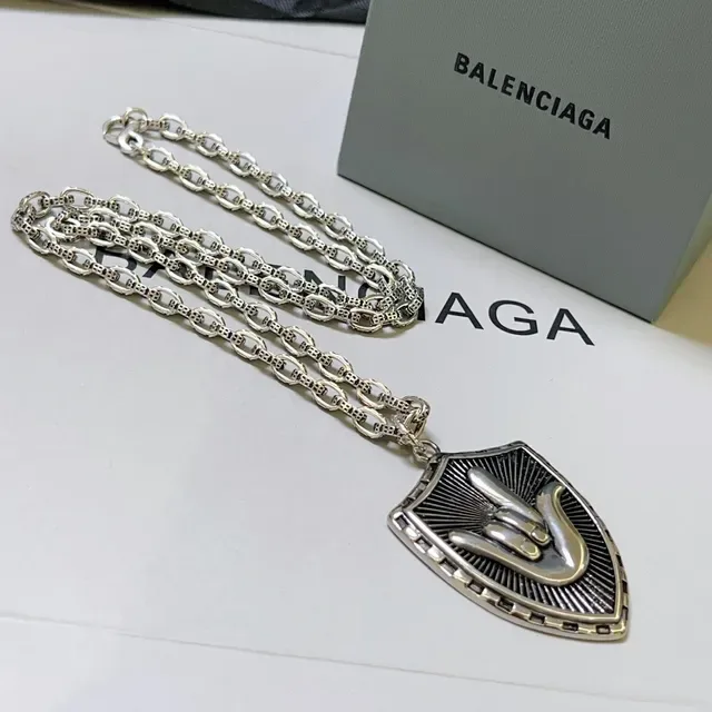 Balenciaga Silver Black Shield-Shaped Pendant Textured Link Chain Necklace 7
