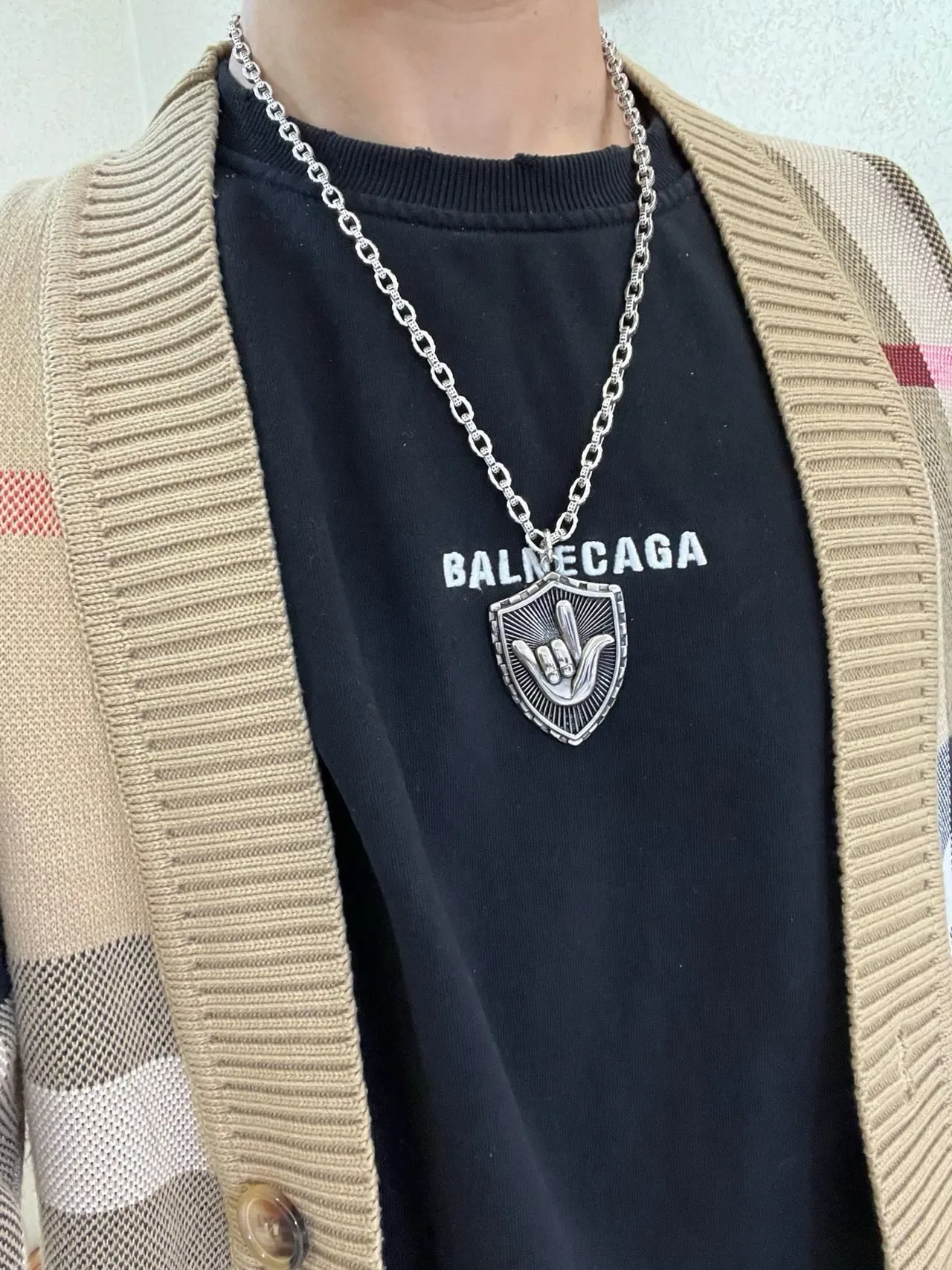 Balenciaga Silver Black Shield-Shaped Pendant Textured Link Chain Necklace 8