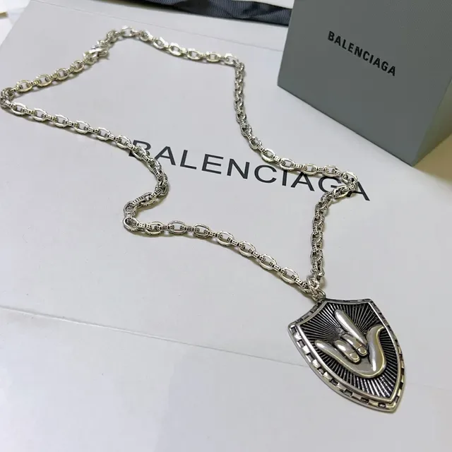 Balenciaga Silver Black Shield-Shaped Pendant Textured Link Chain Necklace 9