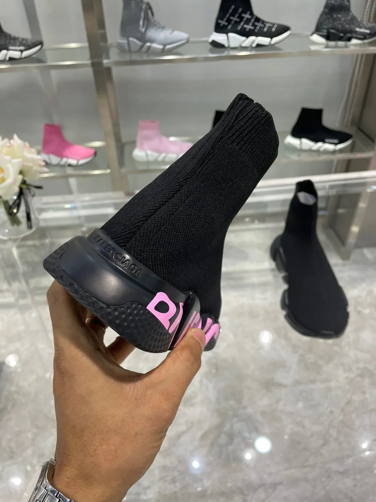 Balenciaga Speed Trainer Preto Rosa Parte Superior em Knit com ajuste de meia Sola de Borracha Esculpida Tênis Lifestyle 2