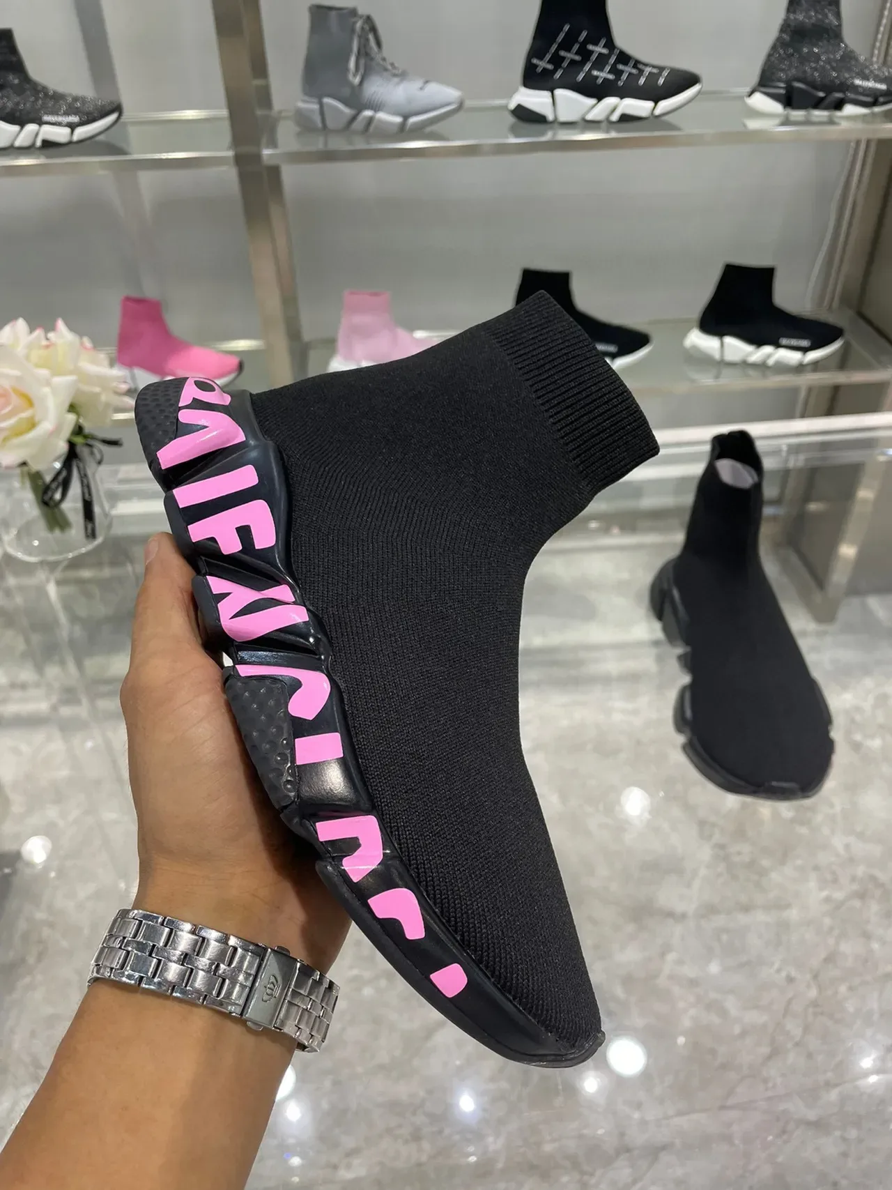 Balenciaga Speed Trainer Preto Rosa Parte Superior em Knit com ajuste de meia Sola de Borracha Esculpida Tênis Lifestyle 3
