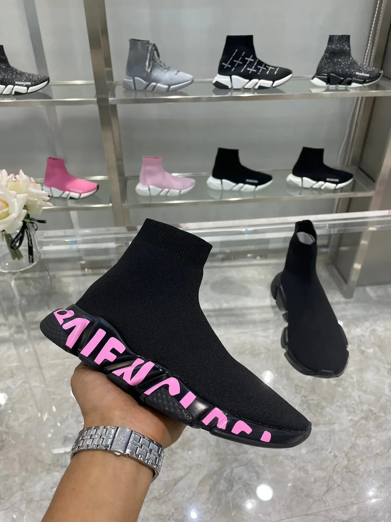 Balenciaga Speed Trainer Preto Rosa Parte Superior em Knit com ajuste de meia Sola de Borracha Esculpida Tênis Lifestyle 4