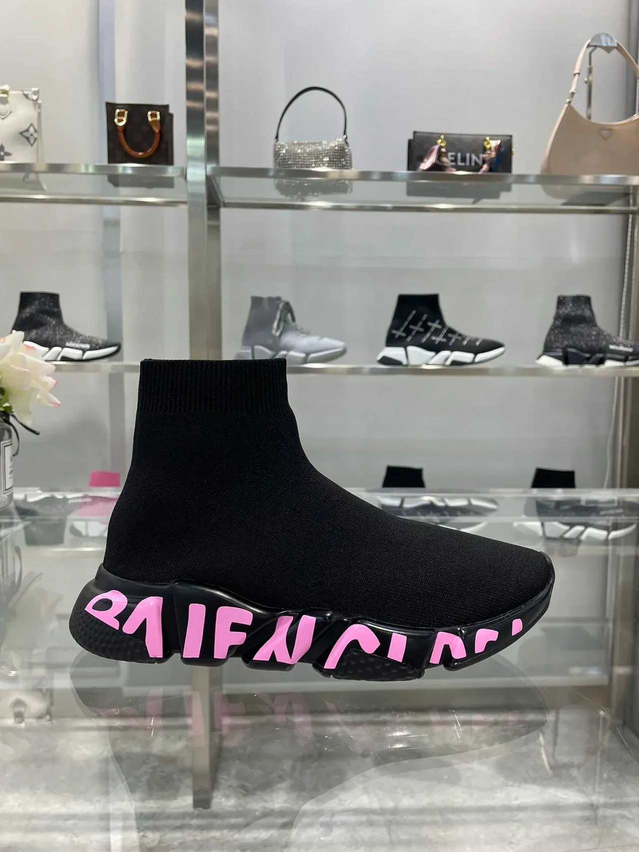 Balenciaga Speed Trainer Preto Rosa Parte Superior em Knit com ajuste de meia Sola de Borracha Esculpida Tênis Lifestyle 5