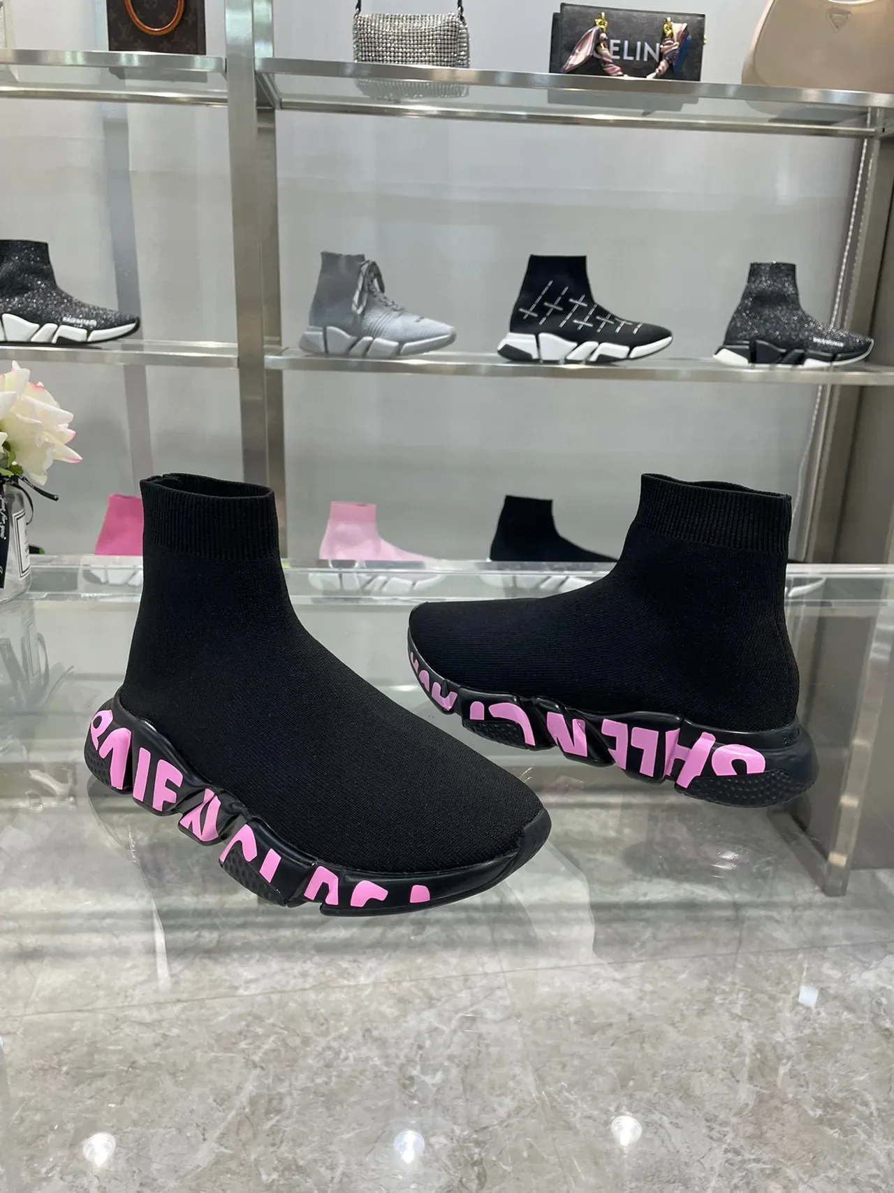 Balenciaga Speed Trainer Preto Rosa Parte Superior em Knit com ajuste de meia Sola de Borracha Esculpida Tênis Lifestyle 6