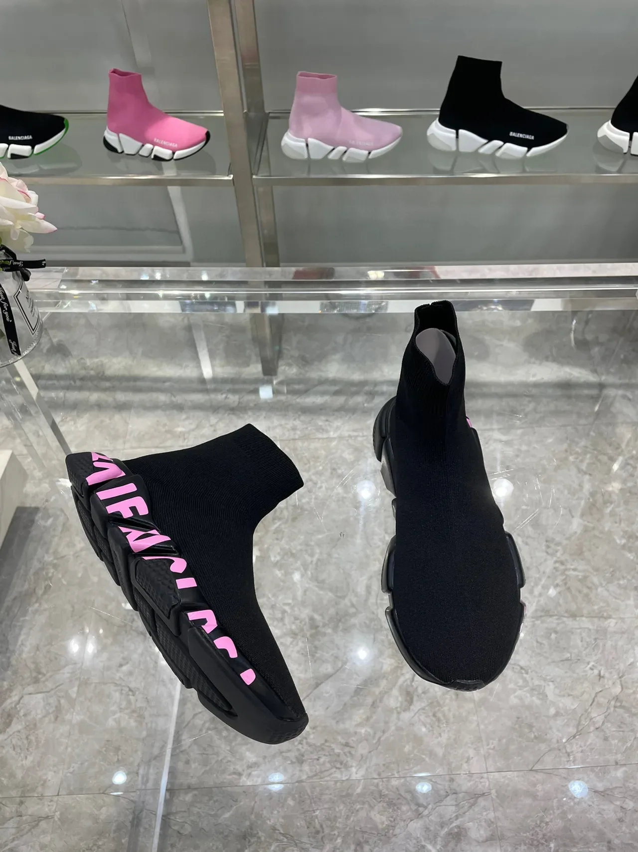 Balenciaga Speed Trainer Preto Rosa Parte Superior em Knit com ajuste de meia Sola de Borracha Esculpida Tênis Lifestyle 7