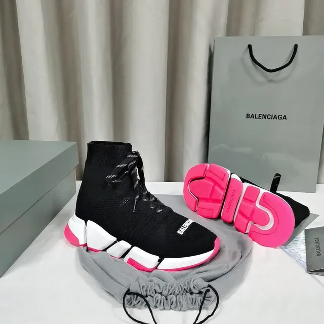 Balenciaga Speed Trainer أحذية رياضية سوداء بيضاء وردية سميكة 6