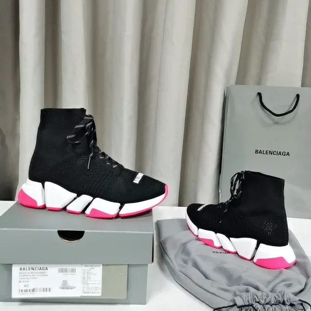 Balenciaga Speed Trainer أحذية رياضية سوداء بيضاء وردية سميكة 8