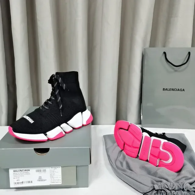 Balenciaga Speed Trainer أحذية رياضية سوداء بيضاء وردية سميكة 9