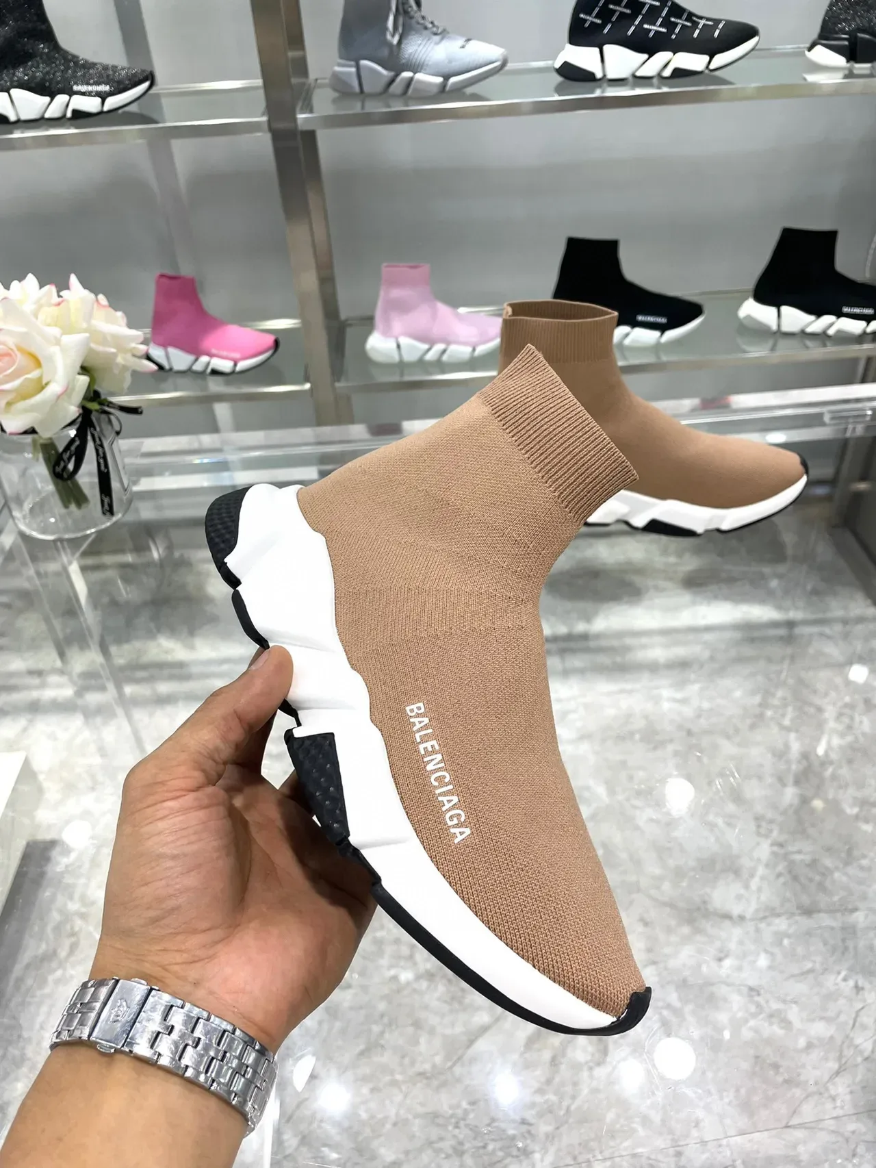 Balenciaga Speed Trainer Tan Knit Sock-Fit Lifestyle Sneakers 4