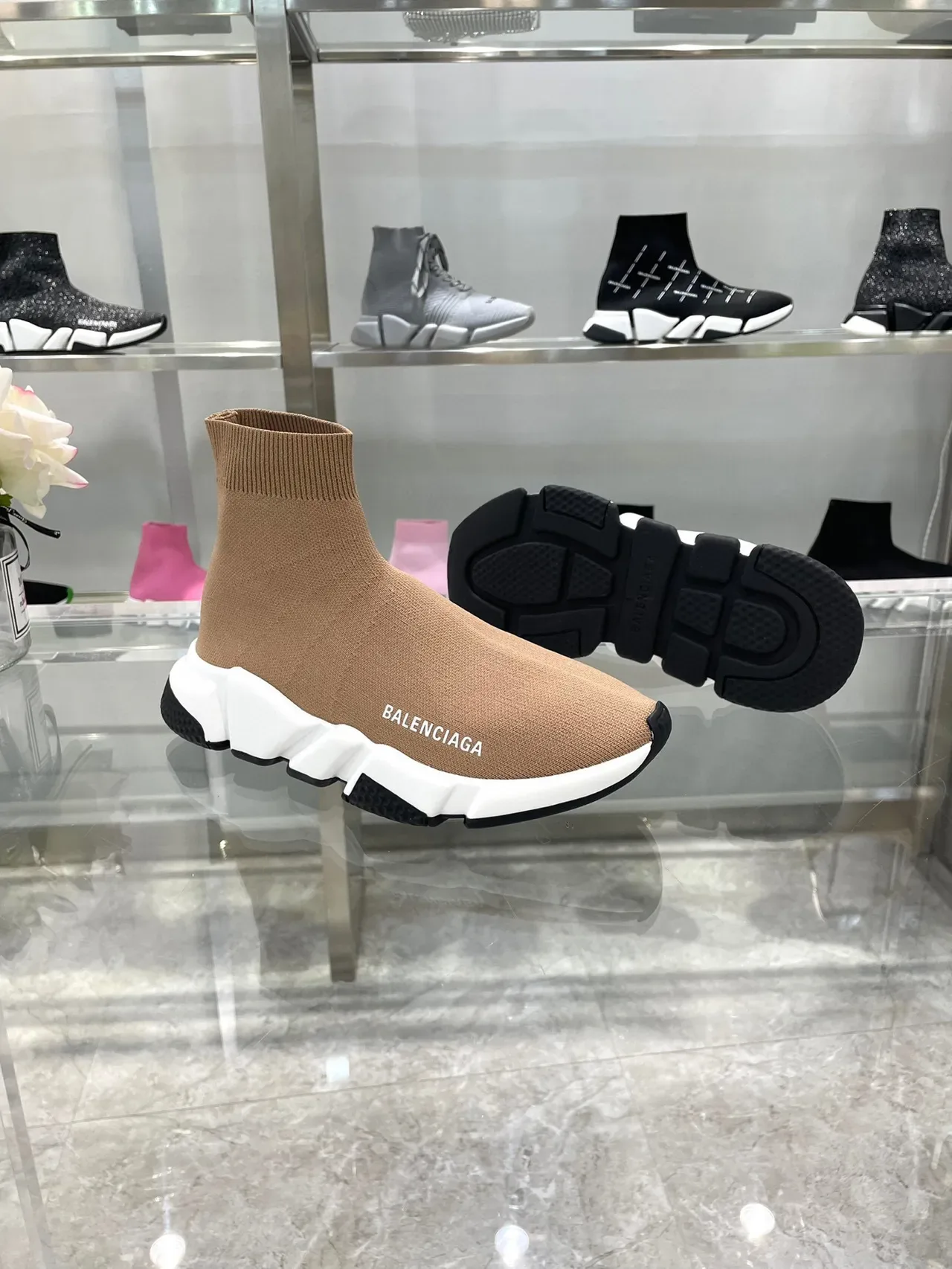 Balenciaga Speed Trainer Tan Knit Sock-Fit Lifestyle Sneakers 5