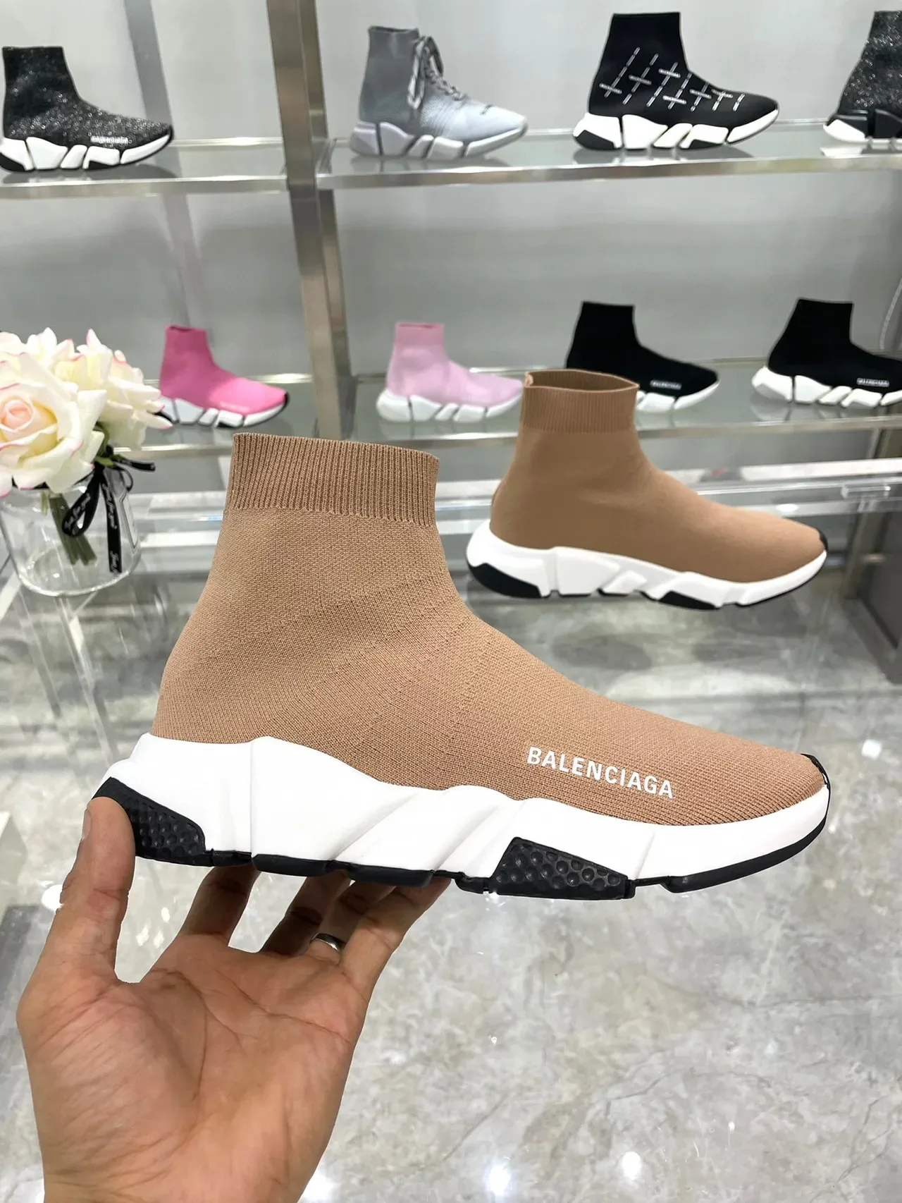 Balenciaga Speed Trainer Tan Knit Sock-Fit Lifestyle Sneakers 6
