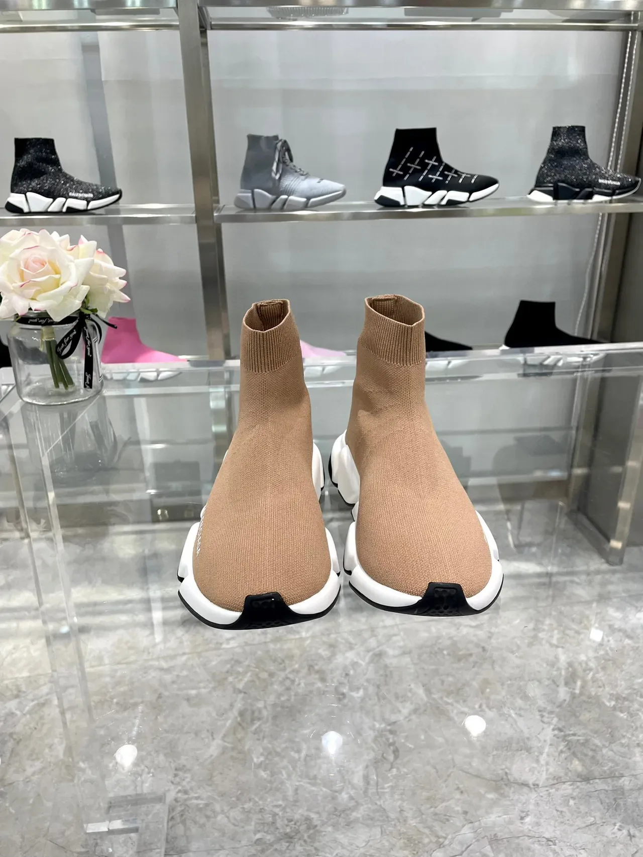 Balenciaga Speed Trainer Tan Knit Sock-Fit Lifestyle Sneakers 7