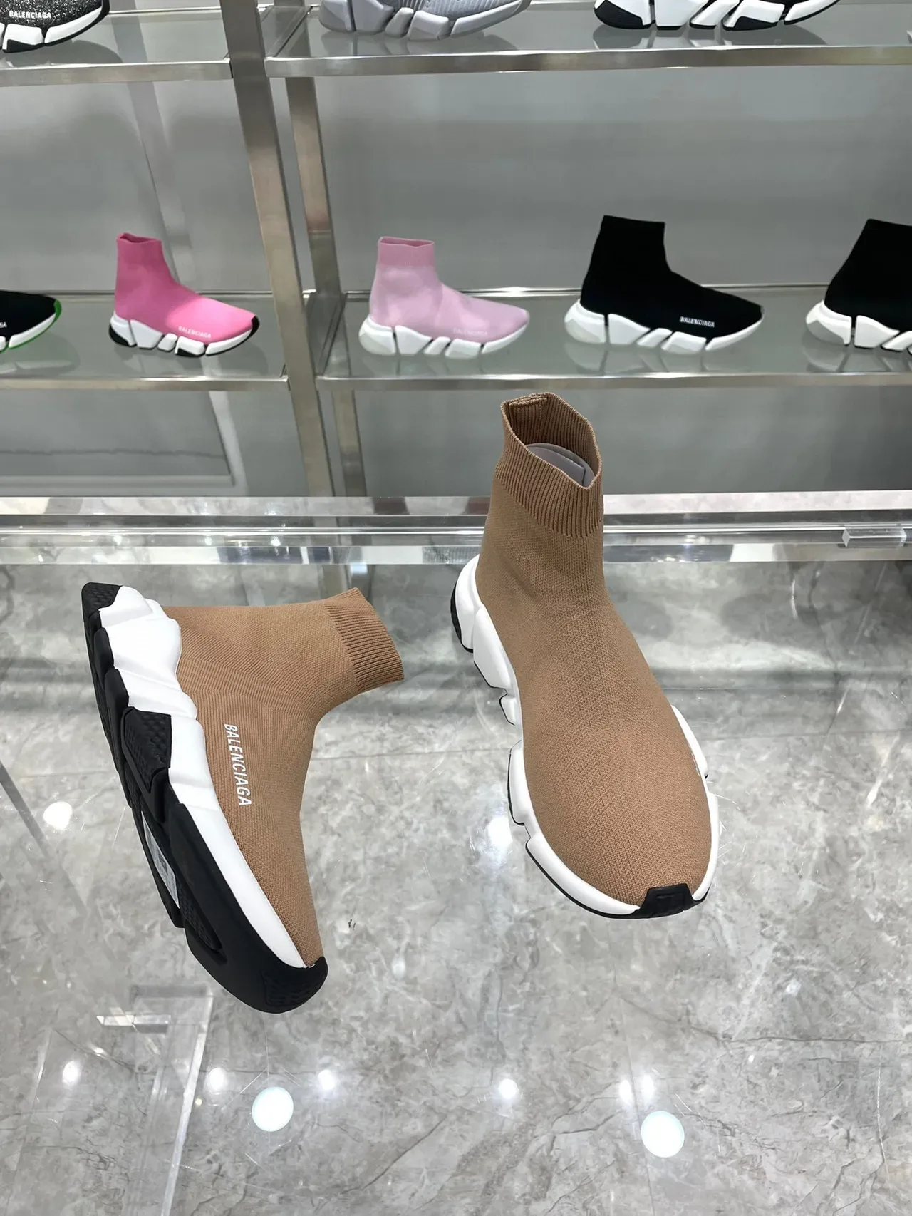 Balenciaga Speed Trainer Tan Knit Sock-Fit Lifestyle Sneakers 8