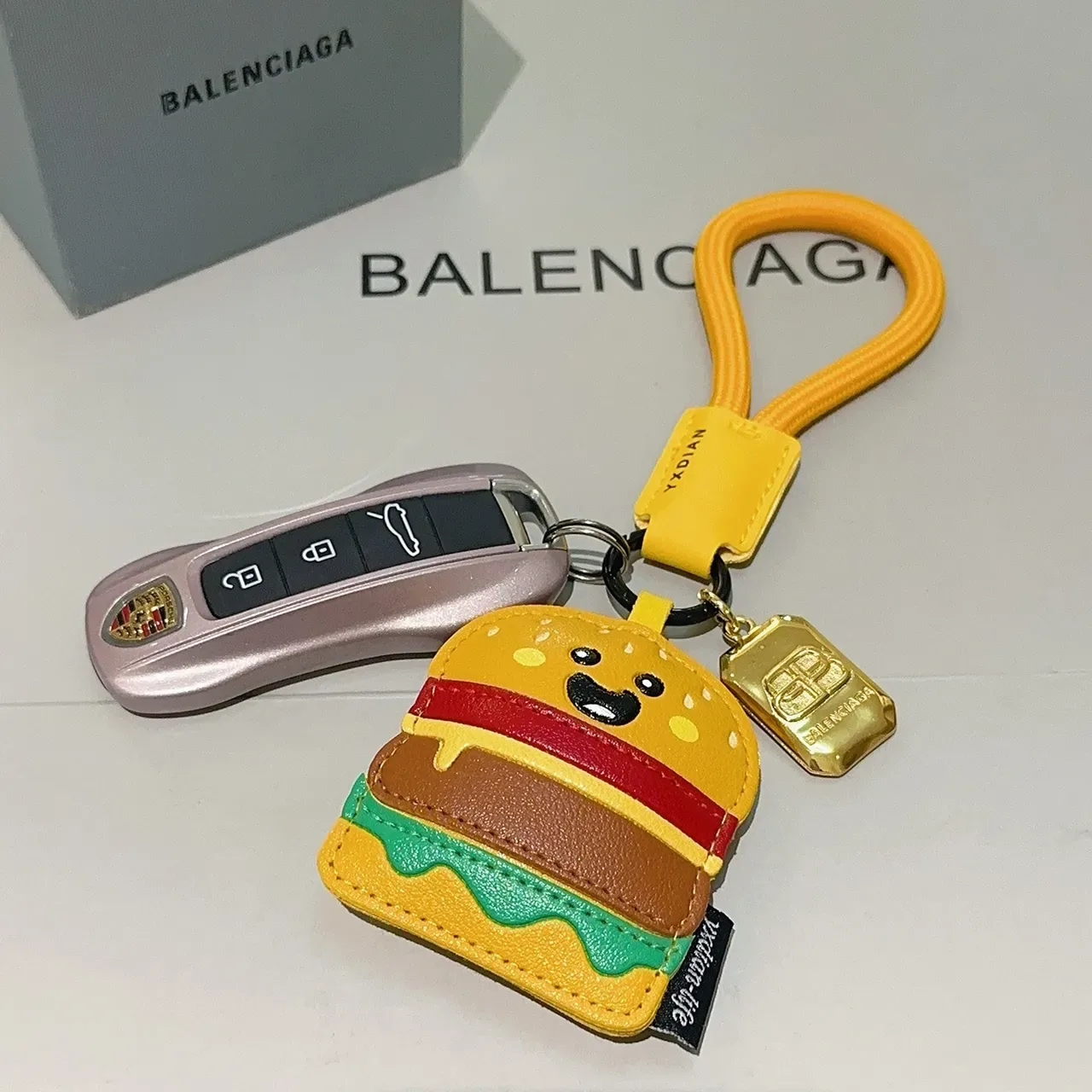 Balenciaga Yellow Multicolor Hamburger-Shaped Leather Keychain Cartoon Face Detail Phone Accessory 1