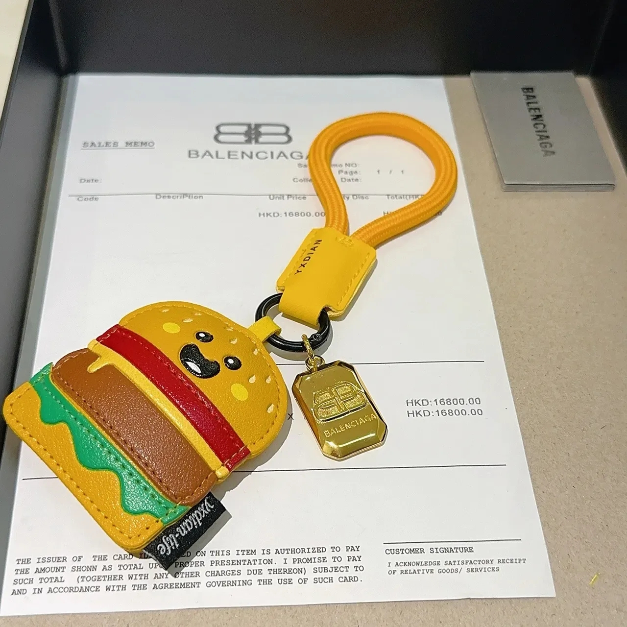 Balenciaga Yellow Multicolor Hamburger-Shaped Leather Keychain Cartoon Face Detail Phone Accessory 2
