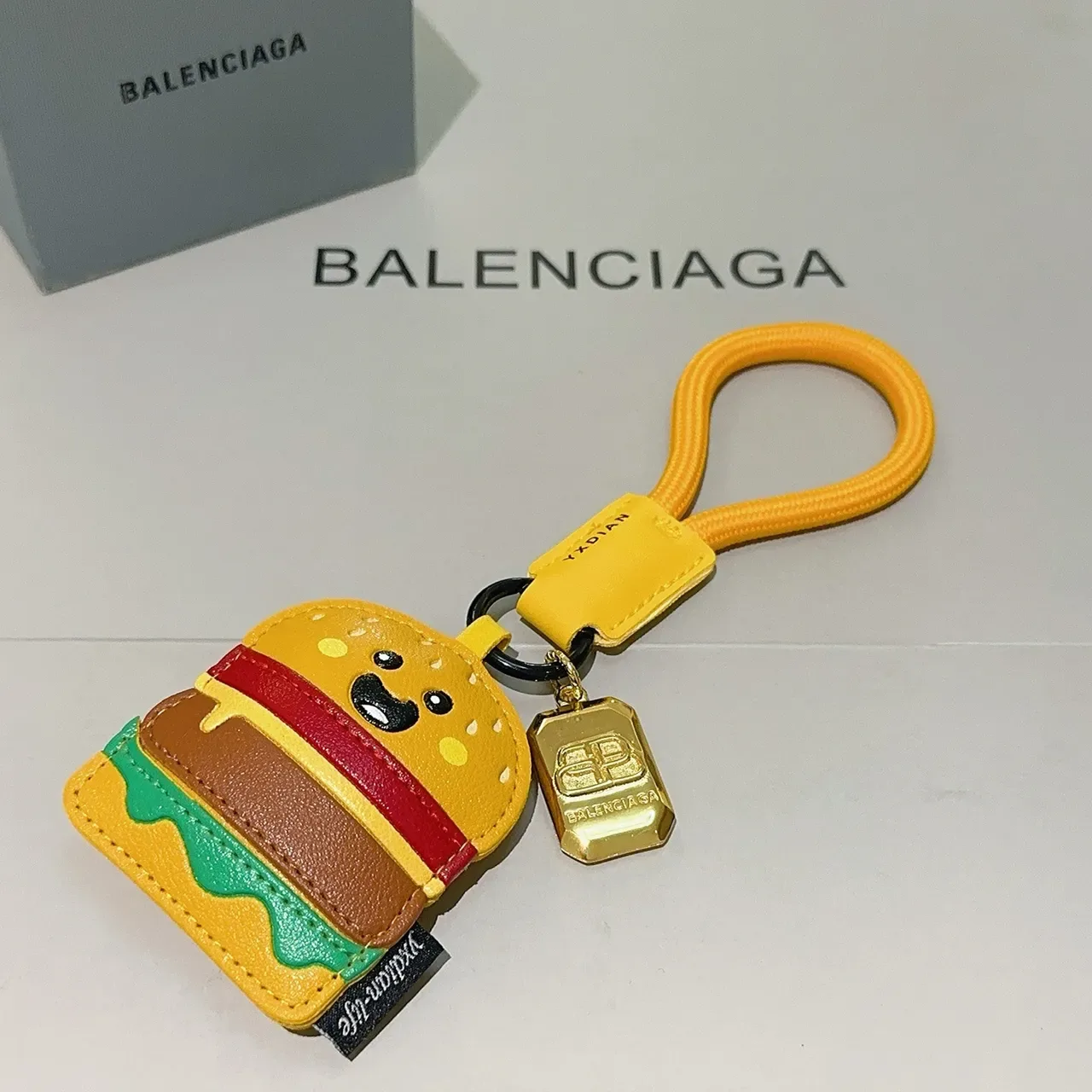Balenciaga Yellow Multicolor Hamburger-Shaped Leather Keychain Cartoon Face Detail Phone Accessory 3