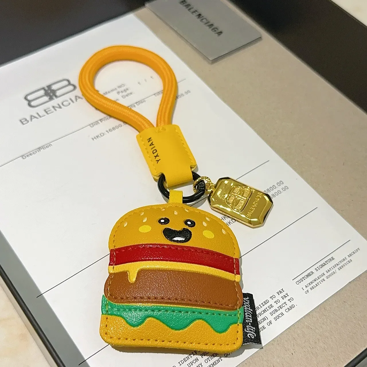 Balenciaga Yellow Multicolor Hamburger-Shaped Leather Keychain Cartoon Face Detail Phone Accessory 4