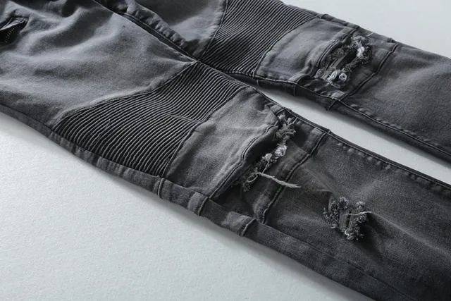Balmain Biker-Style Distressed Charcoal Jeans 11