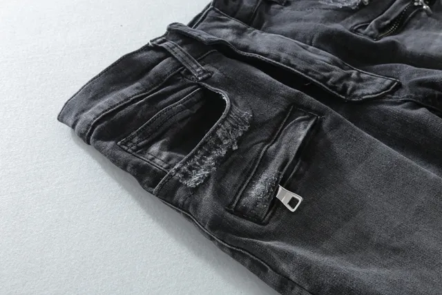 Balmain Biker-Style Distressed Charcoal Jeans 12