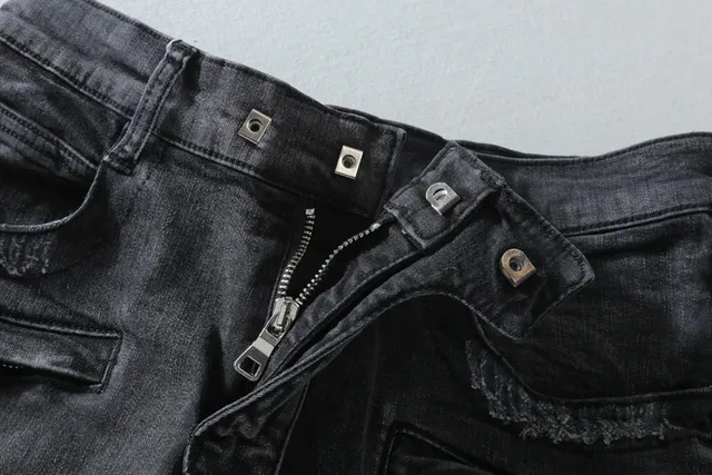 Balmain Biker-Style Distressed Charcoal Jeans 14