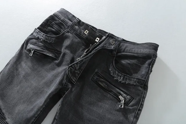 Balmain Biker-Style Distressed Charcoal Jeans 15