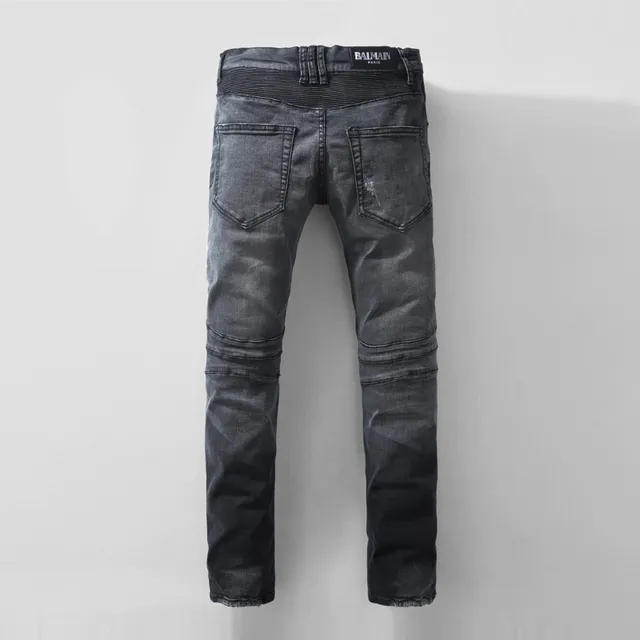Balmain Biker-Style Distressed Charcoal Jeans 16