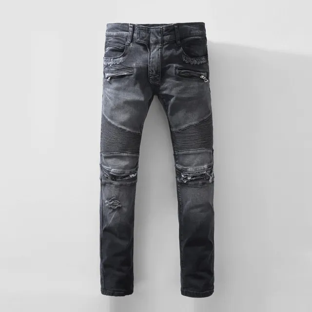 Balmain Biker-Style Distressed Charcoal Jeans 17