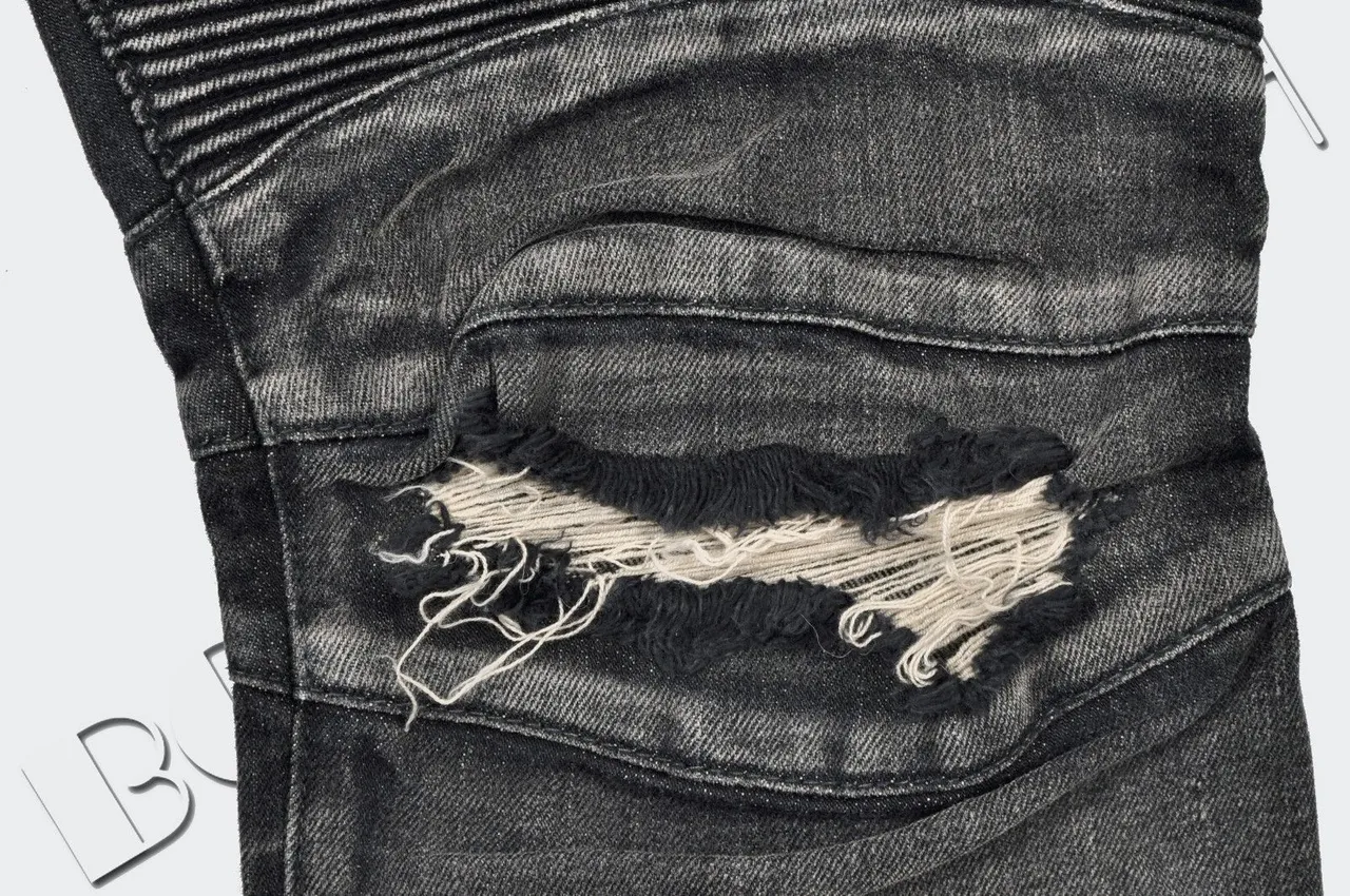 Balmain Biker-Style Distressed Charcoal Jeans 20