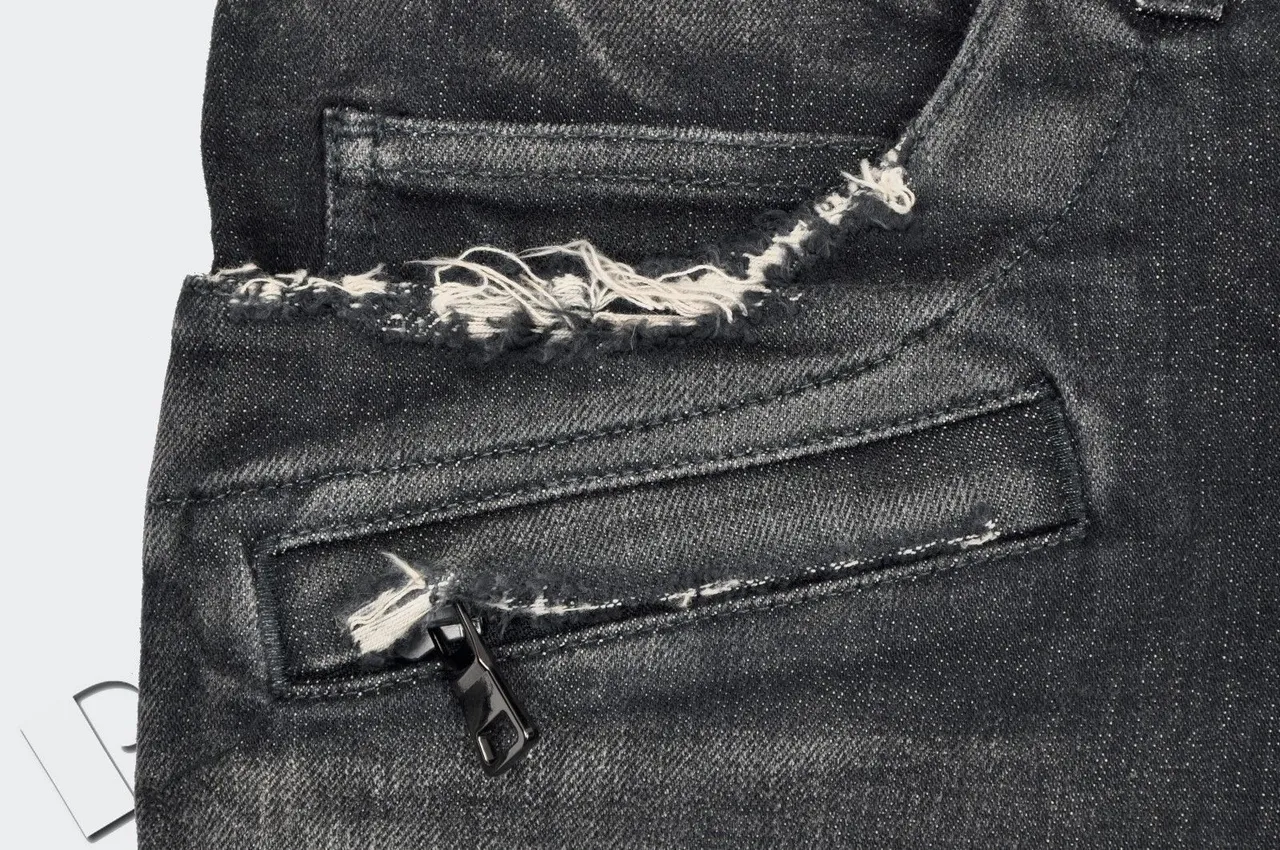 Balmain Biker-Style Distressed Charcoal Jeans 22