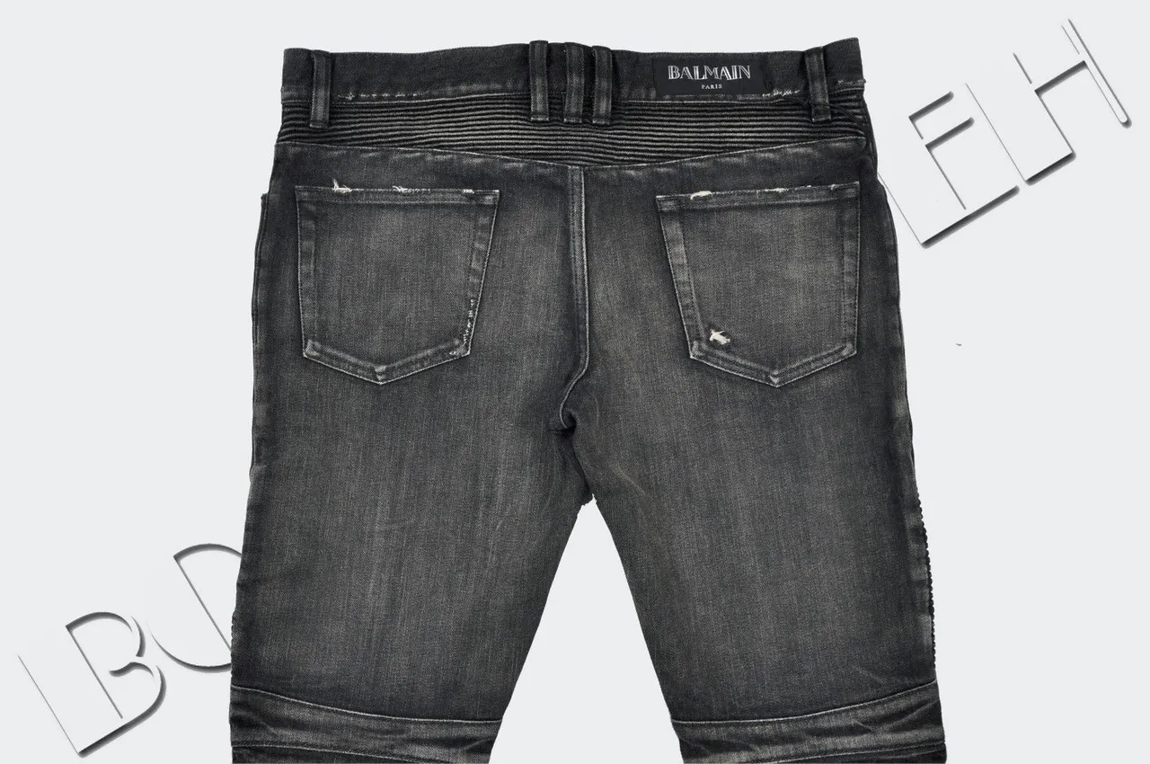 Balmain Biker-Style Distressed Charcoal Jeans 23