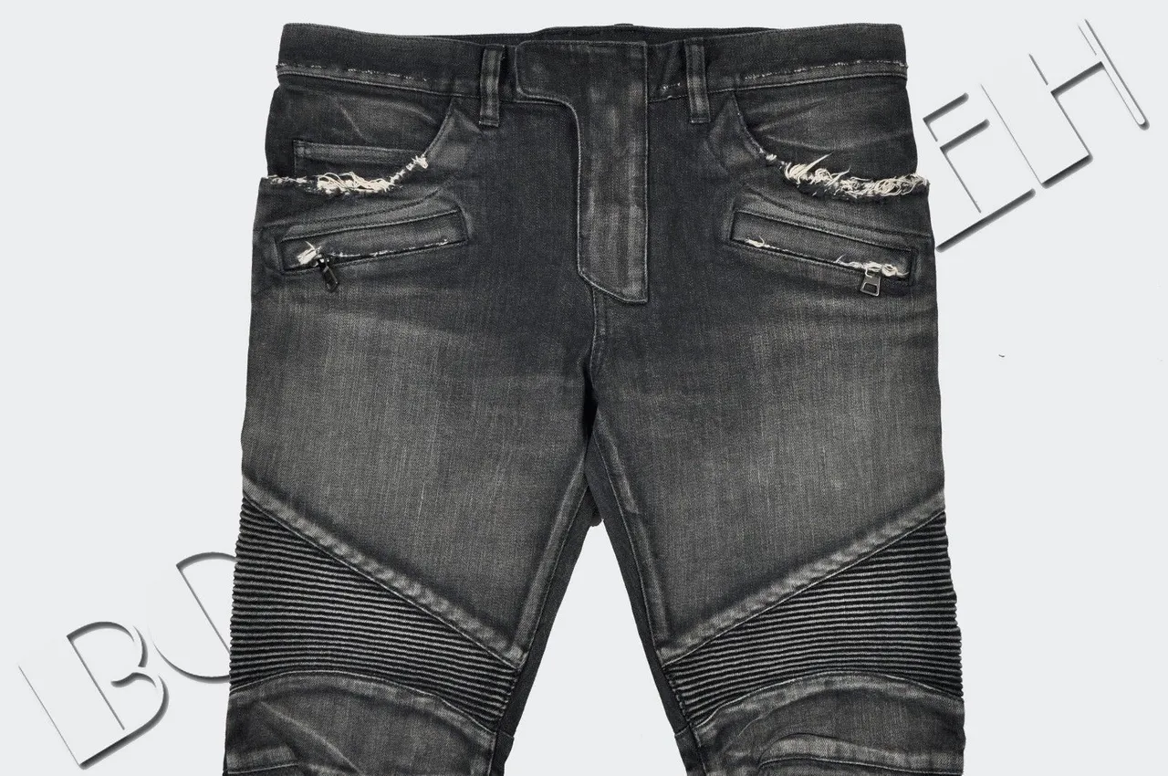 Balmain Biker-Style Distressed Charcoal Jeans 24