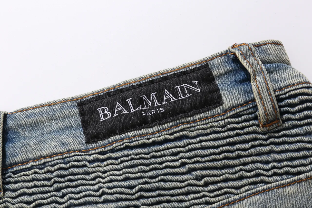 Balmain Moto-Panel Distressed Light Blue Denim Shorts 3