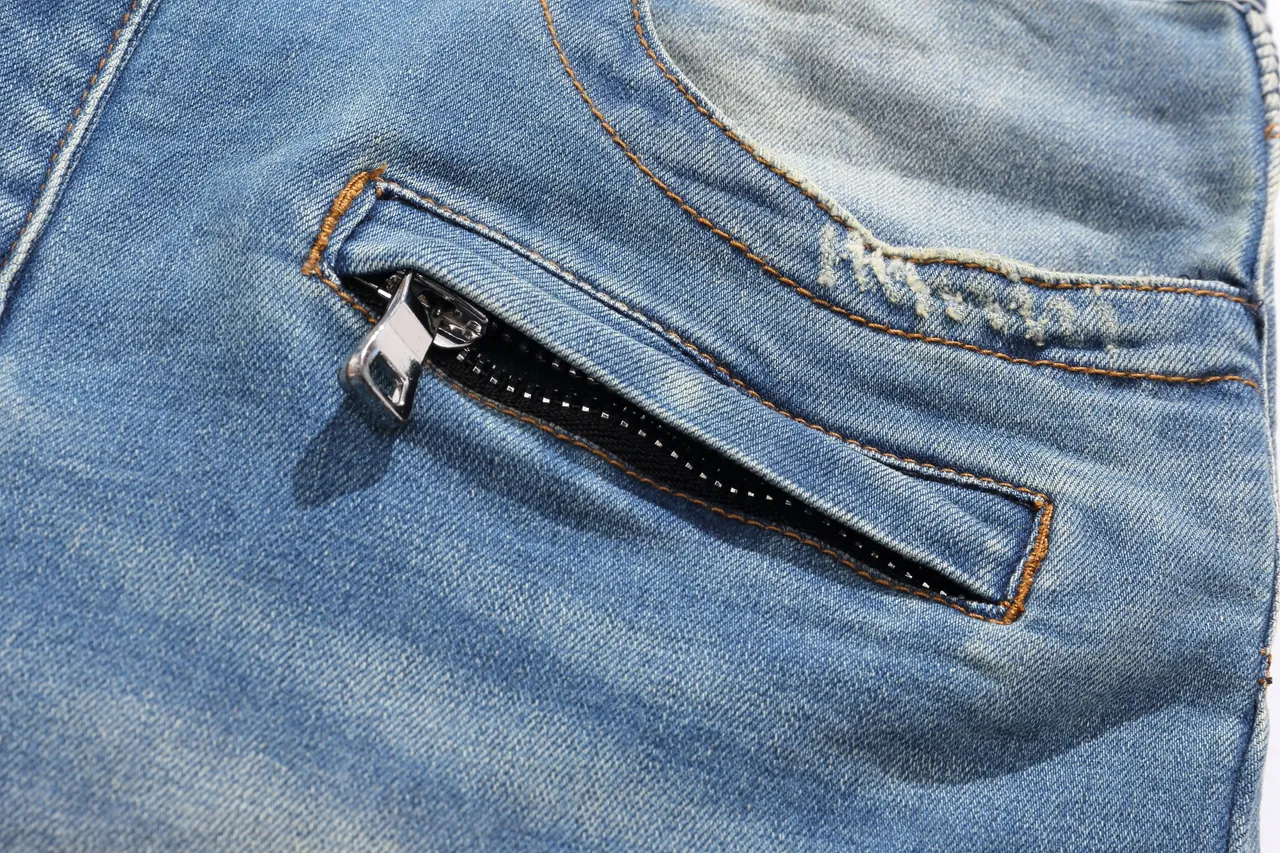 Balmain Moto-Panel Distressed Light Blue Denim Shorts 12