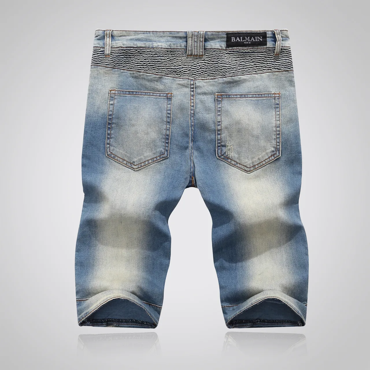 Balmain Moto-Panel Distressed Light Blue Denim Shorts 15