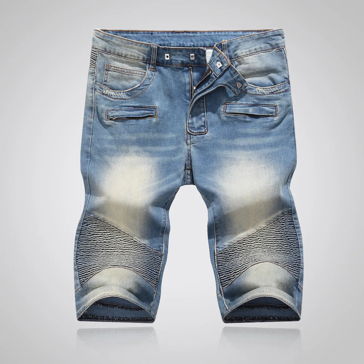 Balmain Moto-Panel Distressed Light Blue Denim Shorts 16