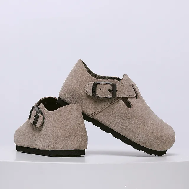 Birkenstock بيج أسود جلد سويد علوي حزام بإبزة واحدة لوفر 19