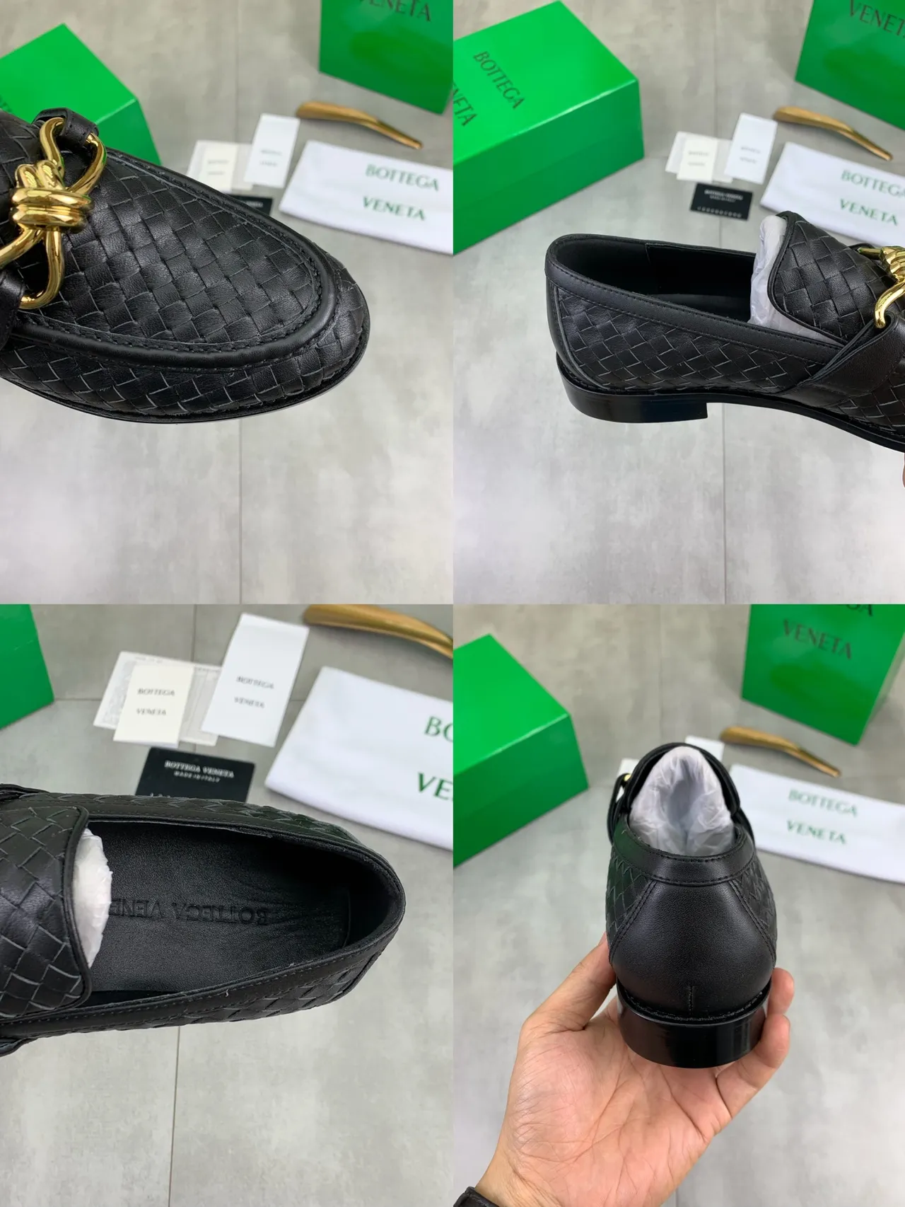 Bottega Veneta কালো সোনা Intrecciato বুনা চামড়া হর্সবিট বাকল লোফার 2