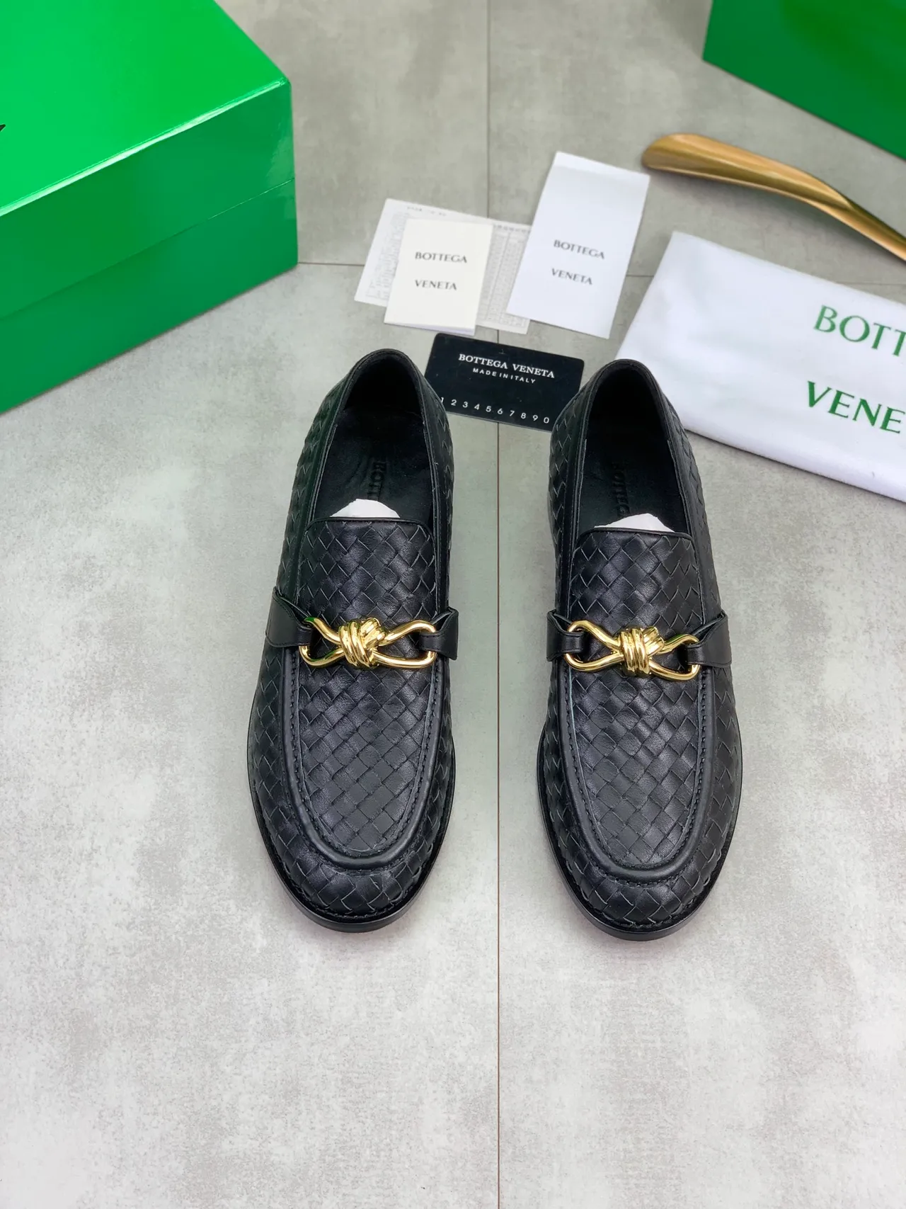 Bottega Veneta কালো সোনা Intrecciato বুনা চামড়া হর্সবিট বাকল লোফার 5