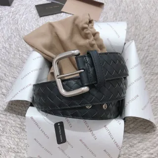 Bottega Veneta 黑色银色 Intrecciato 编织长方形扣头皮革腰带