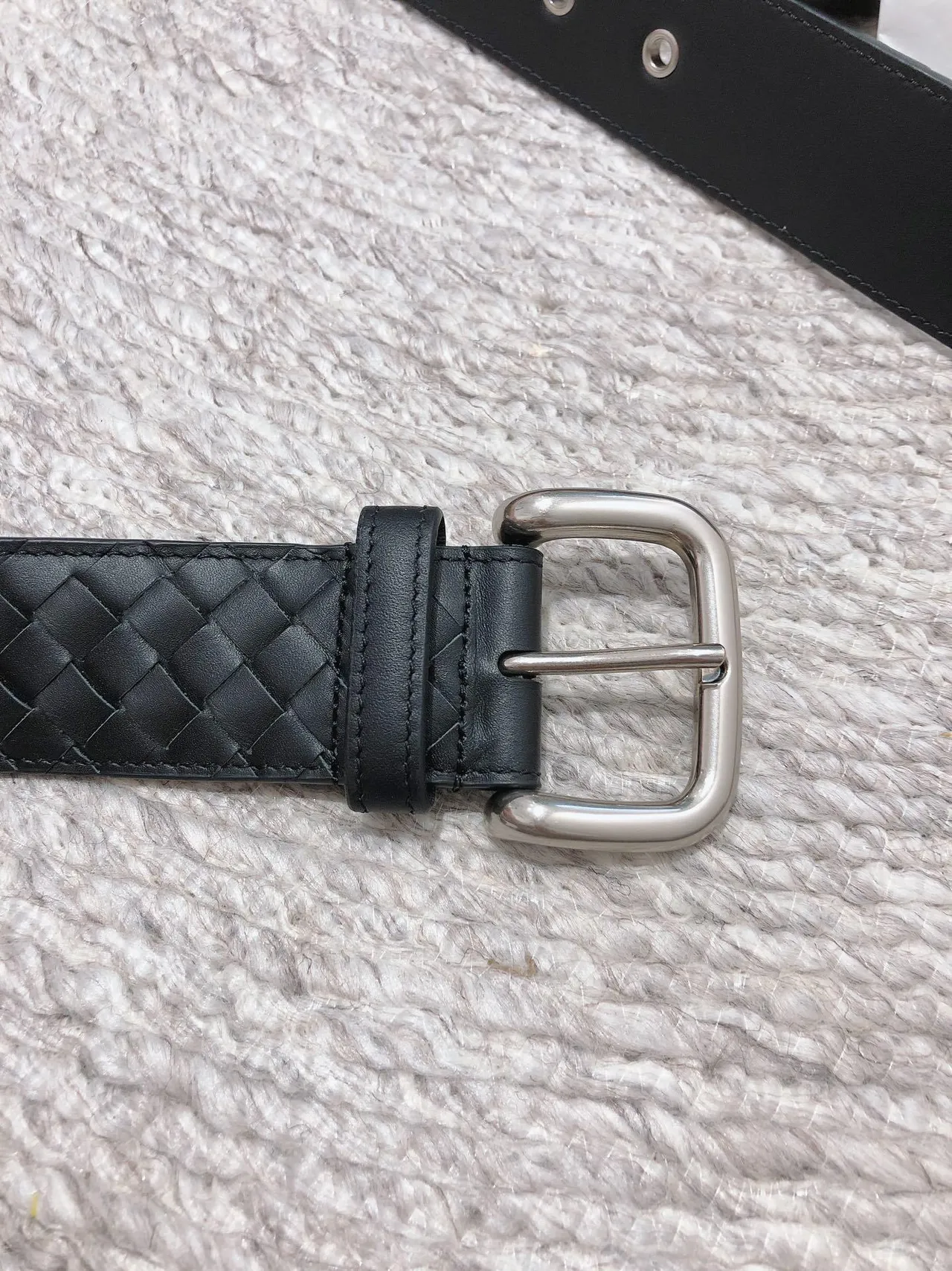 Bottega Veneta Cinto de couro com fivela retangular Intrecciato tecido preto e prata 3